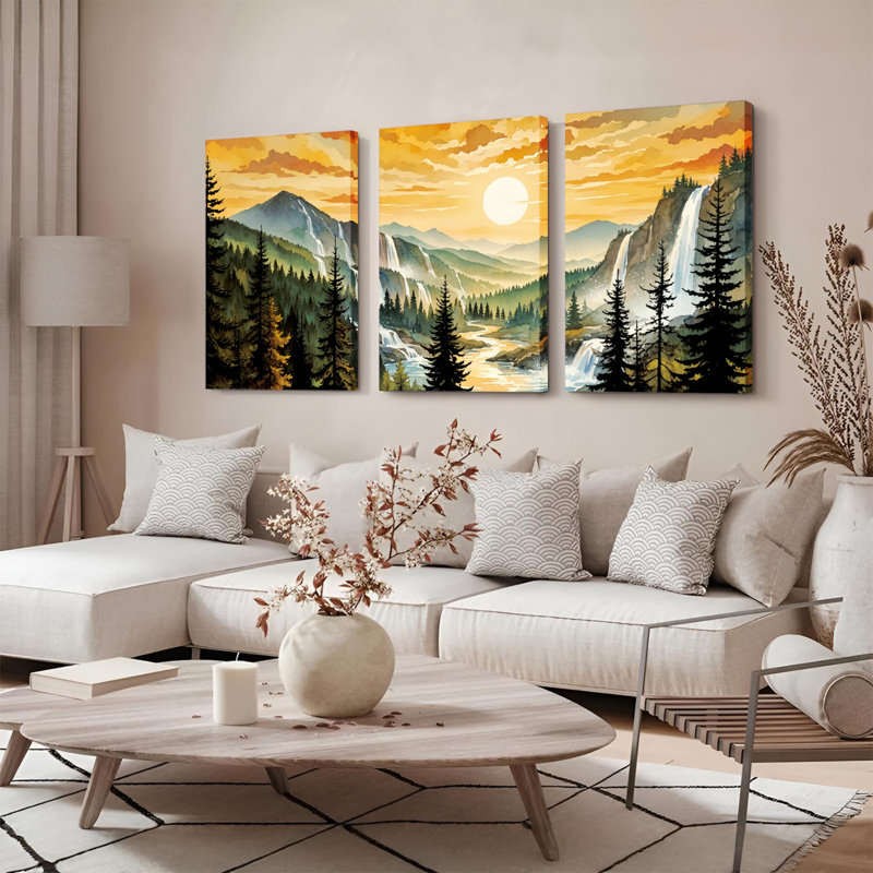 Ensemble de 3 tableaux sur toile représentant un coucher de soleil sur un paysage de montagne, 2030