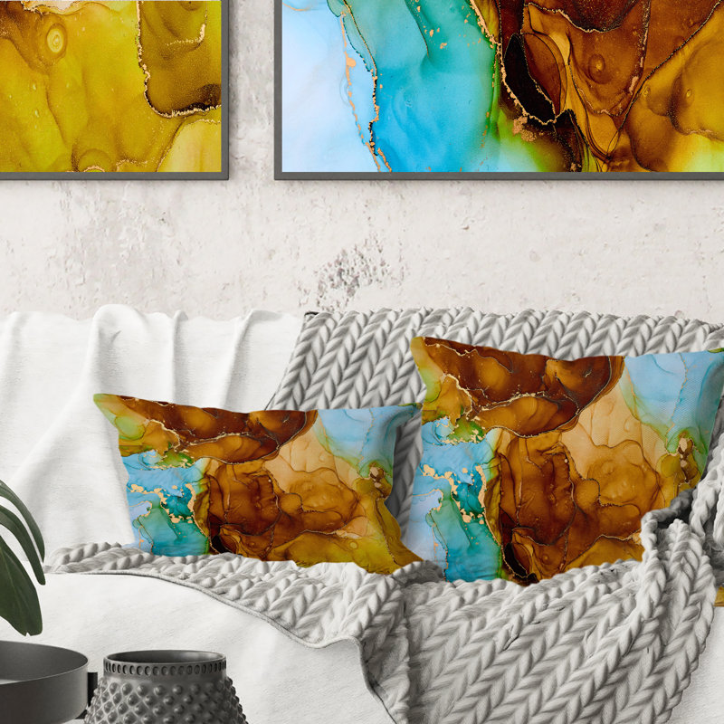 Coussin décoratif à imprimé abstrait brun et turquoise, 16 po x 16 po