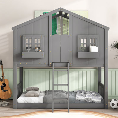 Twin Over Twin House Bunk Bed With Roof , Window, Window Box, Door , With Safety Guardrails And Ladder by Ophelia & Co.