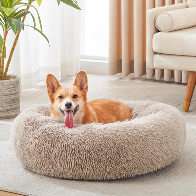 Lit pour chien et chat en fausse fourrure, lit pour chien apaisant original pour petits animaux de compagnie de taille moyenne, lit de chat rond rond et lavable pour animaux de compagnie anti-angoisse (24 po, arc-en-ciel)