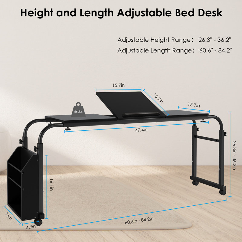 Overbed Table with Wheels,60.6-84.2 inches Mobile Bed Desk,Rolling Computer Desk, Laptop Cart,With 0-65°Tilt Stand,4 Heights and 6 Lengths,Side Storage Basket,for Home,Office and Hospital