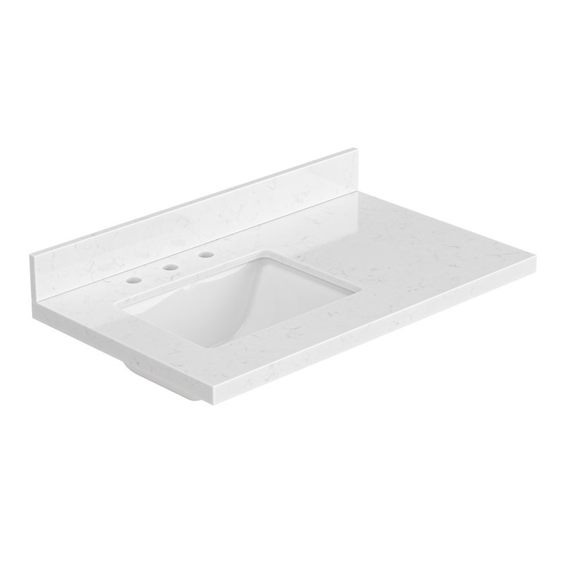 Ariel 36 Inch Carrara White Quartz Bathroom Vanity Countertop 1.5 Inch Thick Miter Edge With Left Offset Rectangle Single Sink And Includes Backsplash