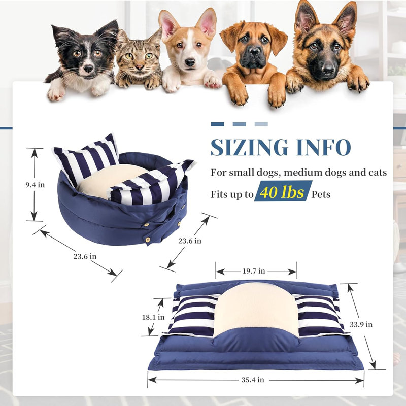 Man Friend Comfort Wowmax Calming Dog Bed For Medium Size Dogs Up To 18.1 kg, Round Dog Beds With Removable Washable Cover, Anti-Anxiety Dogs Beds, Pet Beds With Non-Slip Bottom, 58.4 × 22.9 cm, Blue Stripes