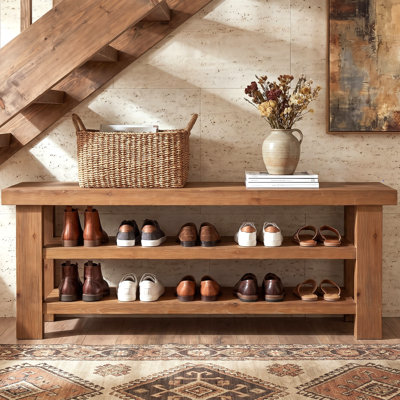 Banc de rangement pour chaussures 63 po en bois massif, banc d'entrée de ferme avec tablettes de rangement ouvertes à 2 niveaux pour la chambre à coucher, le couloir, le vestibule