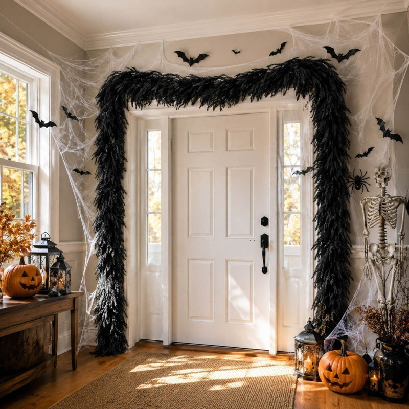 Couronne décorative noire de Norfolk et d'Halloween pour cheminées intérieures, rampes d'escalier, cadres de portes et décorations de fête