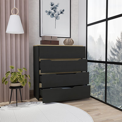 Commode Zoe, plateau supérieur, quatre tiroirs - noir / chêne clair, 13,8 x 31,5 x 35 pouces, panneau de particules, 1 pièce, commode, multicolore, facile à assembler