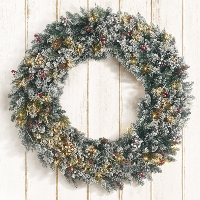 CAPHAUS Lighted Artificial Christmas Wreath, w/ LED Lights, Frosted Pine and Berries, Multiple Sizes, 36" H x 10" W x 5.9" D