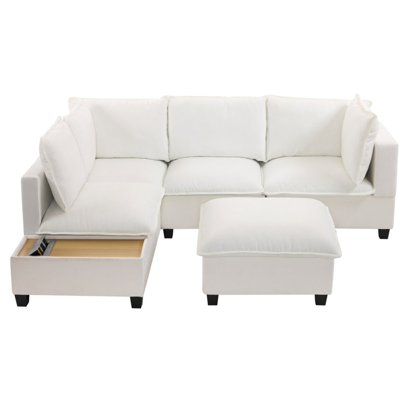 Fabian 90" Modular Sectional Sofa with Hidden Charging Ports & Ottoman, White Chenille