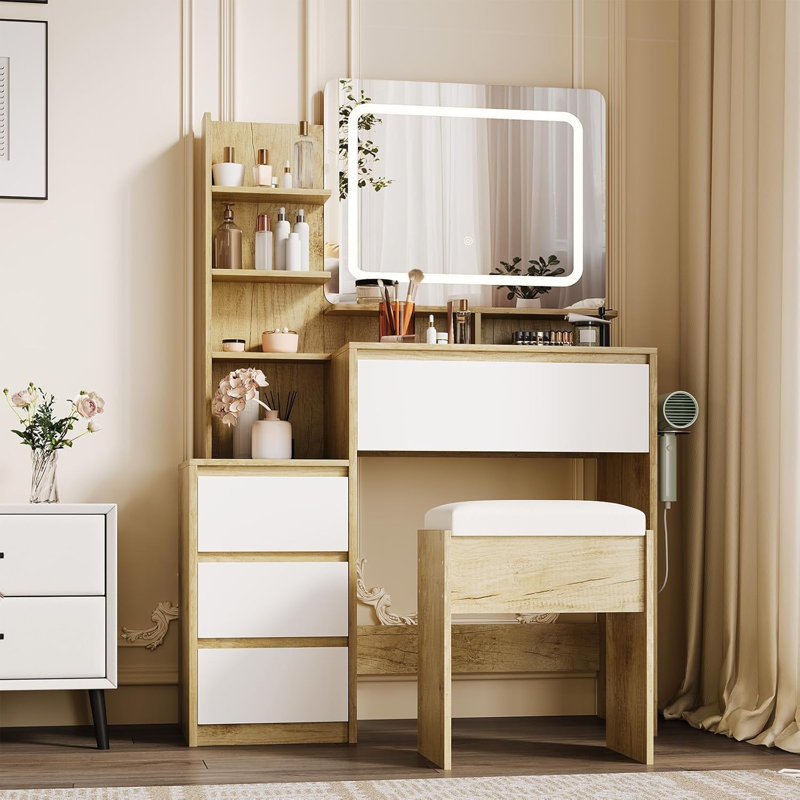 Bureau de coiffeuse moderne avec miroir et lumières DEL réglables, 4 tiroirs, tablettes de rangement, prise de courant, ports USB