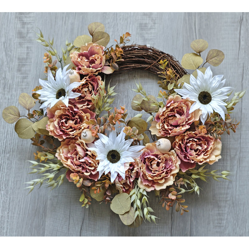Fall Half Wreath, Peony/Sunflower/Wheat/Eucalyptus