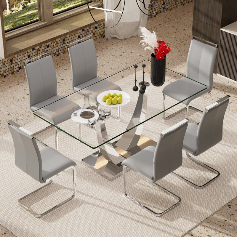 Ensemble de table de salle à manger en verre avec chaises rembourrées en polyuréthane 4/6, base en forme de corne pour la cuisine moderne