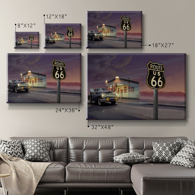Route 66 - Toile tendue avec châssis de qualité supérieure - prête à être accrochée, H 40 po x l 60 po