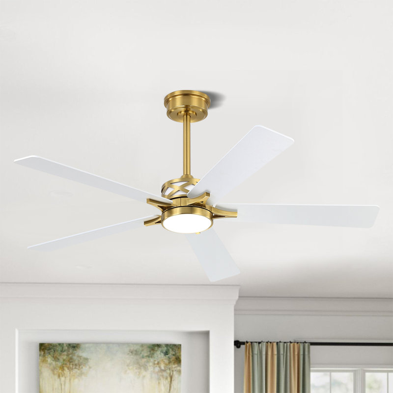 Ventilateur de plafond d'intérieur à 5 pales Portico avec ensemble d'éclairage et télécommande, Or, 52", Blanc