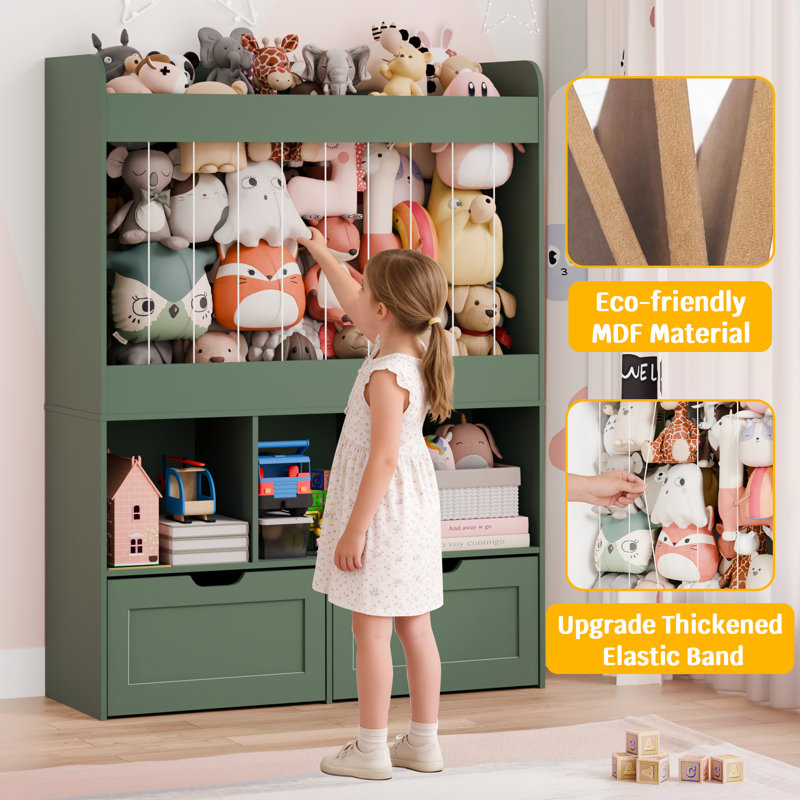51.7"H Toy Box Storage Organizer,Large-Capacity Stuffed Animal Storage with 2 Movable Storage Drawers,3 Storage Cubes, Kids Bookshelf for Kids Room, Playroom(Green)