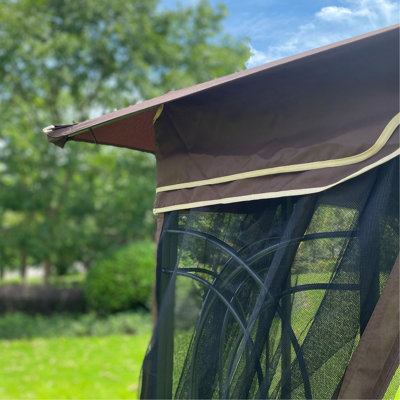Auvent de remplacement pour abri de jardin 10 pi x 12 pi - brun. Tissu. Hydrofuge et respirant. Toit à deux niveaux avec trous de drainage et filet. Convient à un cadre de remplacement brun 10 x 10. Quality Guard.