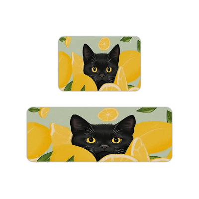 Black Cat Lemon Print Kitchen Mats for Kitchen & Whimsical Decor,Yellow Green 2 Pack