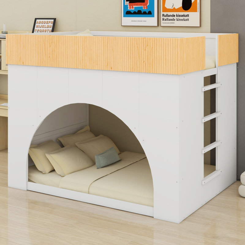 Lit superposé avec éclairage DEL et structure renforcée pour chambres d'enfants modernes, Lit double, White+Natural