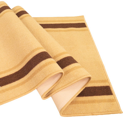 Custom Size Washable Non Slip Striped Bordered Beige Brown Low Pile Rug Runner by Feet