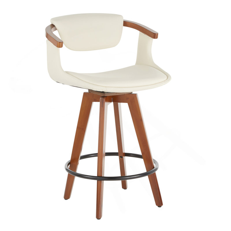 Oracle Mid-Century Modern Counter Stool In Walnut Bamboo And Cream Faux Leather By Lumisource, Cream