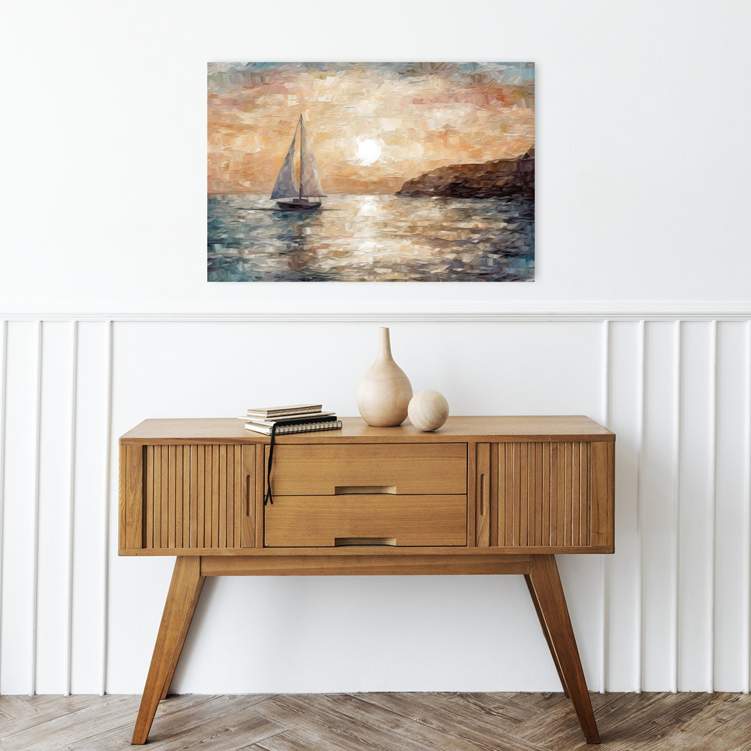 Pink Orange Sky Sailboat Coastal Scene Contemporary Peaceful Serene Coastal Landscape Wall Art Print