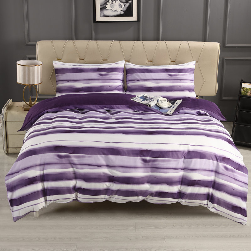 Complete Bedding Set Bliss Stripe Purple Duvet Cover, Matching Fitted Sheet & Pillowcases