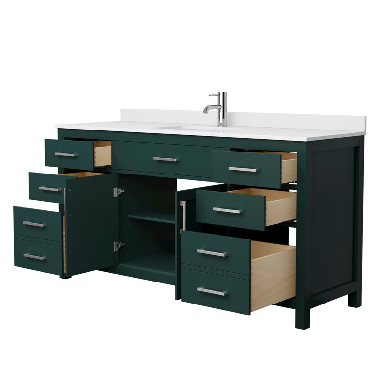 Beckett 66" Freestanding Single Bathroom Vanity with Cultured Marble Top, White Cultured Marble, Brushed Nickel, Green