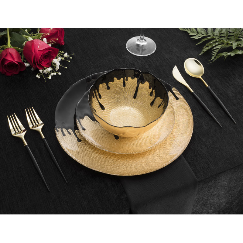 Bajraktari 12 Piece Glass Dinnerware Set - Service for 4, Gold/Black