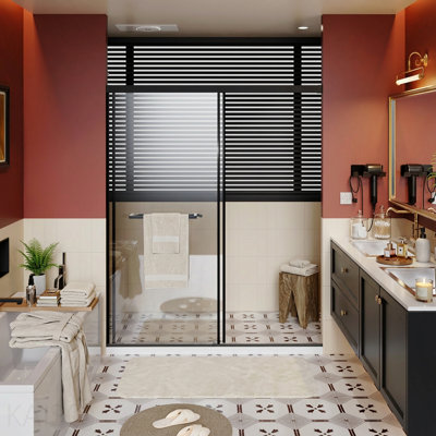 Spacieuse porte de douche sans cadre de 60 po x 72 po, porte en verre coulissante double en aluminium avec système de tampon étanche à fermeture en douceur, installation rapide de bricolage, joint de fond en métal robuste