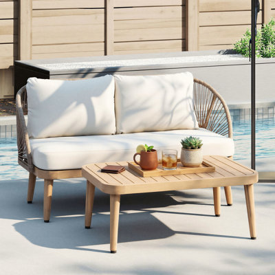 2-Piece Acacia Patio Set with Curved Loveseat and Slatted Coffee Table