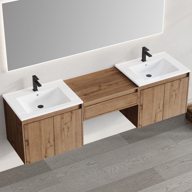 Meuble-lavabo double 72 po avec lavabo à maquillage, lavabo en céramique et conception sans poignée 72 po, 72"