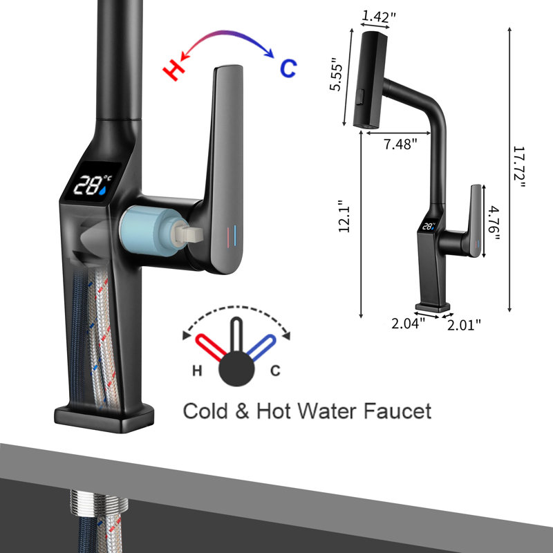 Robinet de cuisine noir tactile sans contact avec affichage à DEL, robinet d'évier de cuisine à capteur de mouvement avec pulvérisateur rétractable à 3 fonctions et bec pivotant à 360 °