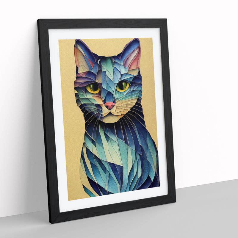 Colourful Cat No.3 Abstract - Wall Art, 66cm H x 48cm W x 2cm D, Black Framed, White