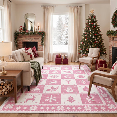 Tapis lavable rose et blanc à motif animal de Noël Gingerbread & Reindeer