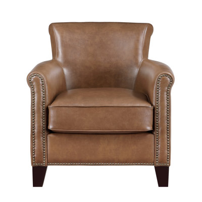 Brown Leather Accent Chair With Attached Cushions, Solid Wood Frame Seat Chair, Frame, Nailhead Trim Detail