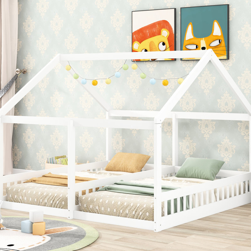 White Twin Size House Platform Beds - Two Shared Beds, Construction From Pine And , Guardrails Included 2 In One, White, Robust Build, Easy To Assemble With Measures
