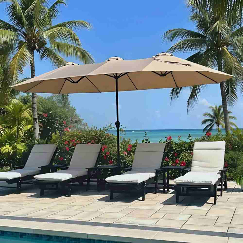 Parasol rectangulaire double face 5 pieds 5 pieds assorti à la base et au support, grande couverture de couleur beige, parfait pour l'abri de soleil près de la piscine, de la pelouse et de la cour arrière.