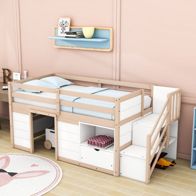 Twin Low Loft Bed With Drawer And Staircase