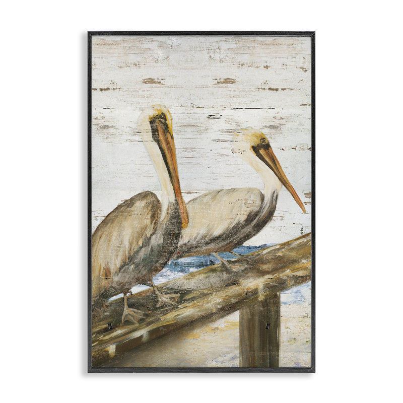Pélicans rustiques, art perché par Julie DeRice, H 18 po x l 12 po, Giclée encadrée noir minuit