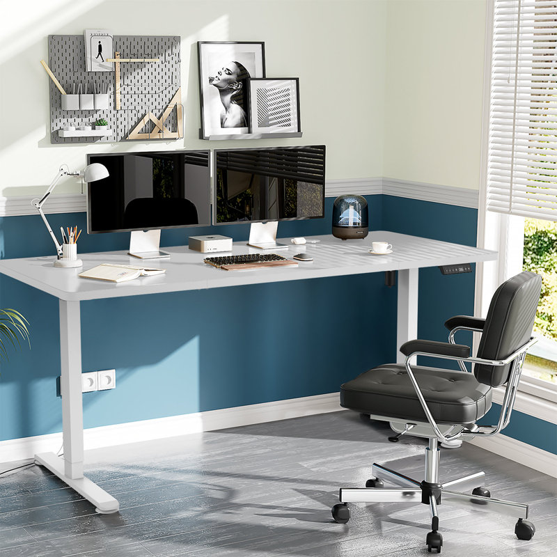 Height Adjustable T-Shaped Computer Desk 180 x 80cm Electric Standing Desk with USB Charging, White, White