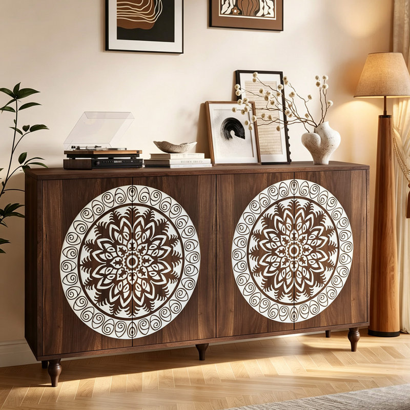 Buffet 59,84 "à 4 portes de style campagnard sculpté, crédence Boho avec tablettes réglables et pieds en bois pour le salon, l'entrée et la salle à manger