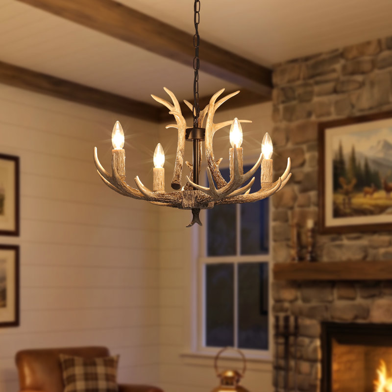 4-Light Rustic Faux Antler Resin Chandelier with Adjustable Chain, Matte Black/Natural, 4 Lights