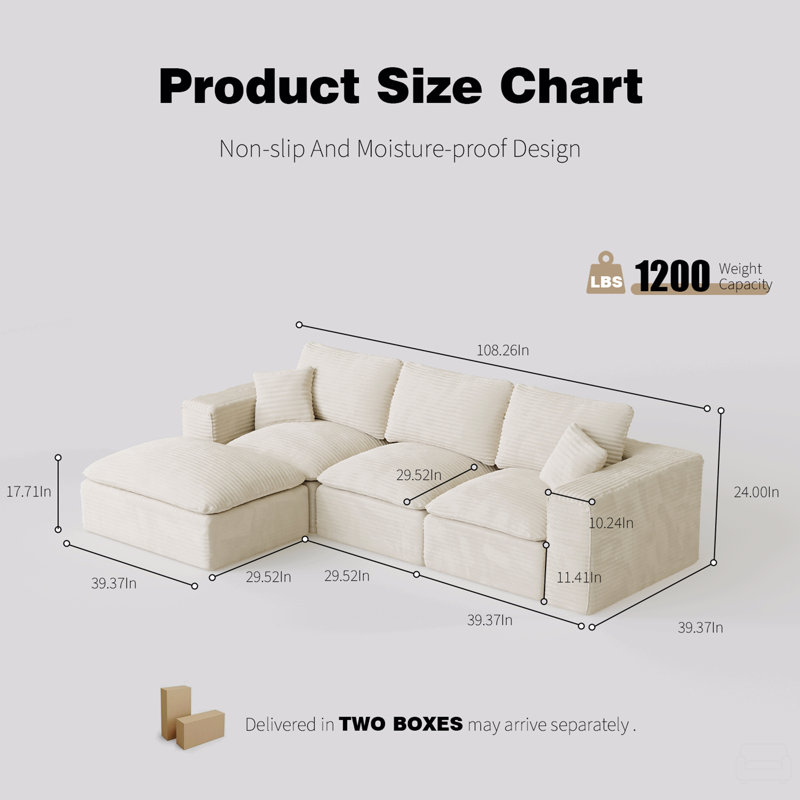 Canapé modulaire de 108 po avec méridienne en forme de L, canapé modulaire moderne avec siège profond interchangeable de gauche à droite, sièges rembourrés