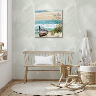 Nautical Boat On Beach Unframed Canvas Wall Art 16" X 16"