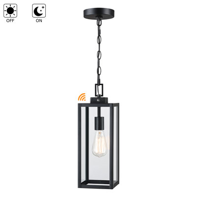 1-Light Matte Black Outdoor Hanging Lantern Pendant with Dusk to Dawn