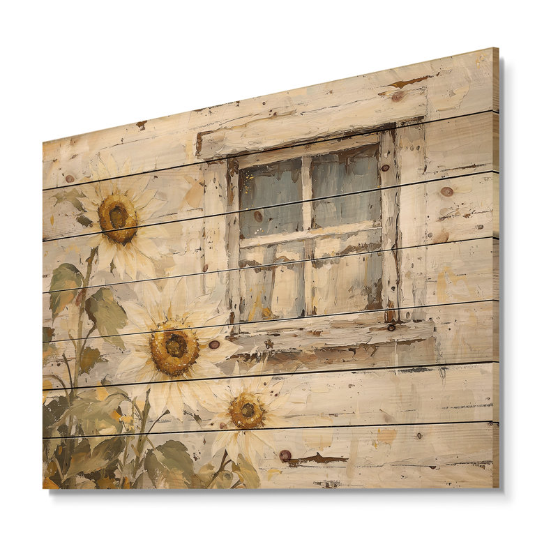 Sunflowers by the Barn Windows - Impression de tournesols sur bois de pin naturel, H 24 po x l 32 po x P 0,78 po