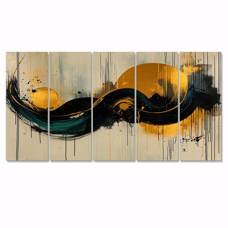 «Gold», jeu optique en spirale «V» - art mural Constructivism - ensemble de décorations murales modernes, H 32 po x l 80 po