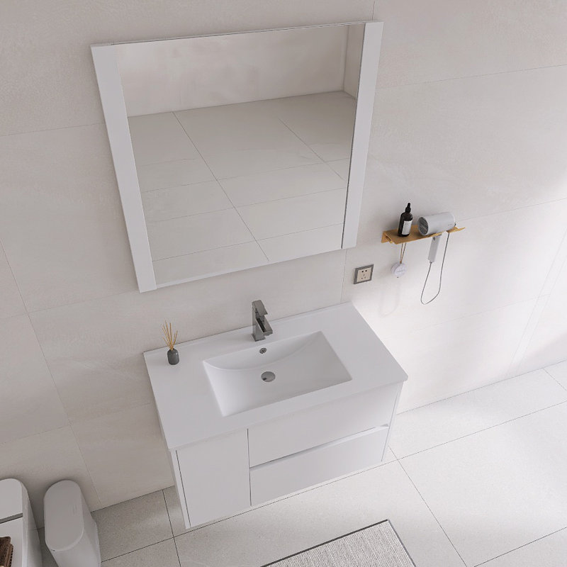 Ensemble de meuble-lavabo mural simple 36 po avec miroir | 2 tiroirs à fermeture en douceur et 1 porte à fermeture en douceur, lavabo en céramique et finition imperméable à 5 couches