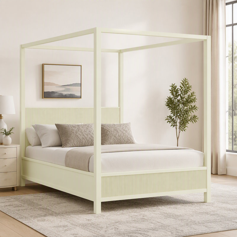 Lit plateforme à baldaquin en bois avec lattes de support, Grand lit, Beige