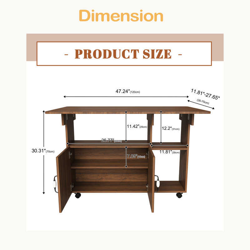 Table pliante multifonctionnelle avec tablettes et roulettes de rangement, table de salle à manger pliable de 47 pouces pour les petits espaces, bureau compact pour la cuisine, dortoir, bureau