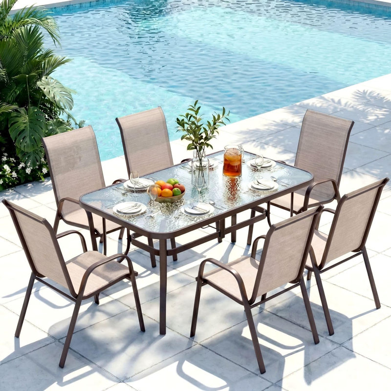 Patio Dining Set For 6, Outdoor Table And Chairs W/1.69?Umbrella Hole, All Weather Patio Furniture Set, 30"X 55" Table And Stackable PVC-coated polyester Chair, For Lawn, Deck (Umbrella Not Included)